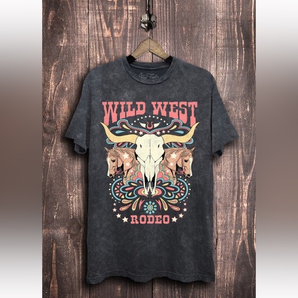 Lotus Fashions Tops - Wild West Rodeo Graphic T-Shirt Mineral Wash Black size xl